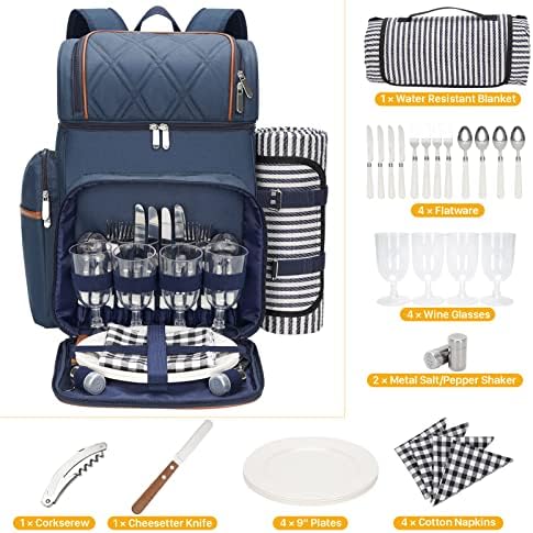 Picnic Backpack for 4, Insulated Cooler Bag with Blanket, Navy Blue - Image 4