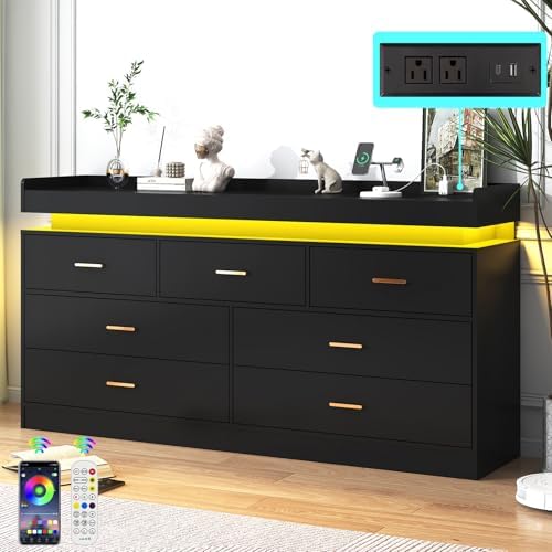 jiteentarou 7 Drawer Dresser with Charging Station and LED Lights, Modern Chest of Drawers with Power Outlet, Organizer Cabinet for Bedroom, Living Room, Entryway, Black by jiteentarou