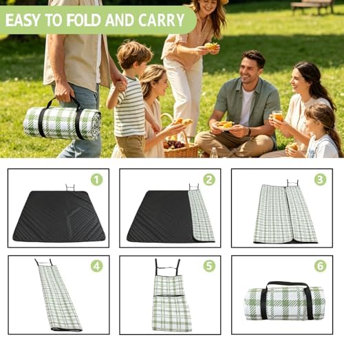 Extra Large Picnic Outdoor Blanket Waterproof Picnic Mat 80"x80" Foldable Sandproof Beach Blanket Thick Gingham Camping Mat for Grass Lawn Park Hiking Travel Accessories, Green and White - Image 7