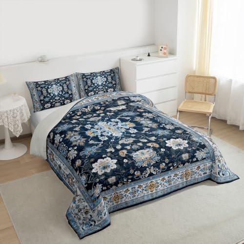 Erosebridal Navy Blue Floral Full Comforter Set - Vintage Flower Boho Bedding Set for Kids Adults | Farmhouse Cottage Flowers Quilt | Retro Aesthetic Bedroom Decor with 2 Pillowcases - Image 5