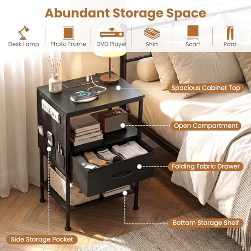 KOMFOTT Nightstand with Charging Station, 24.5" Modern Bedside Table with Fabric Drawer, Open Shelf & Side Pocket, End Table with 2 AC Outlets, USB and Type-C Port for Bedroom (Black,1) - Image 6