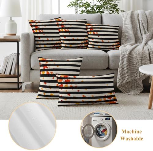 Fall Botanical Waterproof Outdoor Pillow Covers 20''x20'' Set of 2, Autumn Maple Leaf Black Striped Patio Furniture Cushion Covers for Chairs, Decorative Pillow Cases for Garden/Pool/Beach - Image 6