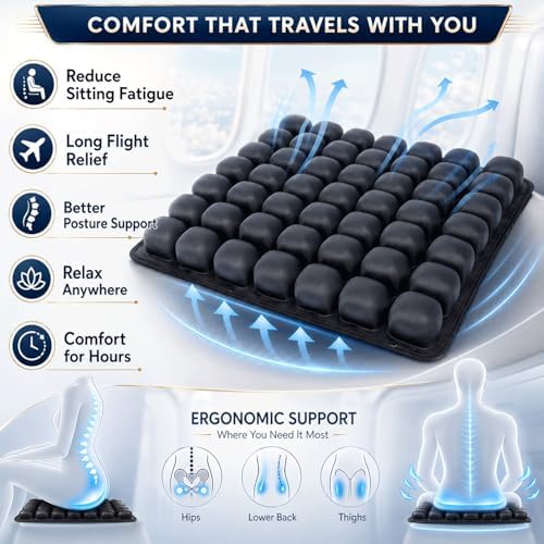 Inflatable Seat Cushion with Manual Air Hand Pump & Carry Bag, Travel Cushion Airplane Seat, Lightweight Airline Seat Cushion for Long Flights, Portable Air Cell Cushion for Office Chair, Car & Travel - Image 4