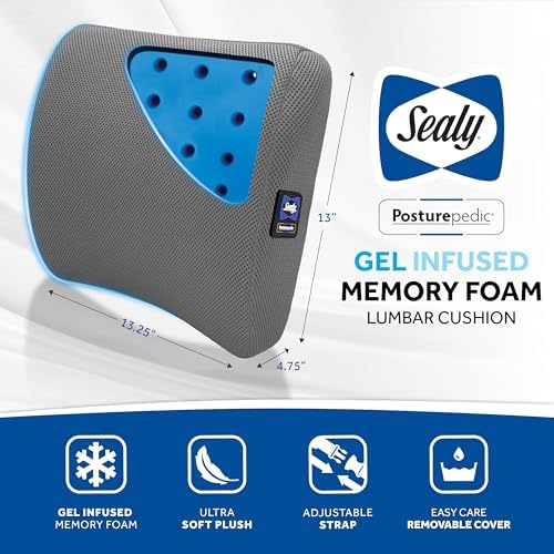 Sealy Lumbar Support Pillow with Cooling Gel – Ergonomic Office Chair Cushion for Back Support – Memory Foam Back Pillow for Car, Office, or Home, Gray - Image 5