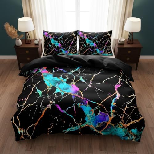 CCoutueChen Black Marble Comforter Set King Size, Abstract Glowing Bedding Set with River Texture, 3 Pcs Soft Microfiber Lightweight Comforter with 2 Pillowcases,104"x90" - Image 2
