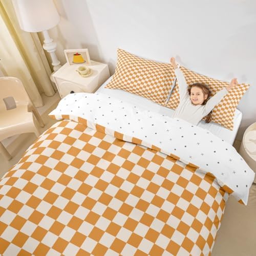 Homewish Orange Yellow Check Duvet Cover Set Twin Size,Geometric Grid Printed Bedding Set 2Pcs for Kids Teens Girls Boys Room Decor,Modern Plaid Comforter Cover Soft Fashion Quilt Cover,1 Pillowcase - Image 5