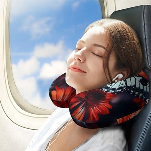 U Shape Travel Pillow Colorful Flowers Butterflies Portable Neck Pillows Memory Foam Head and Neck Support Headrest Pillow for Airplane Sleeping - Image 3