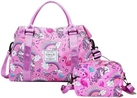 Travel Duffle Bag Weekender Overnight Bag Gym Tote with Dry and Wet Separated Pocket for Women Girls Shoulder Workout Duffel Bag Water Resistant, Pink Unicorn Set by NWLR