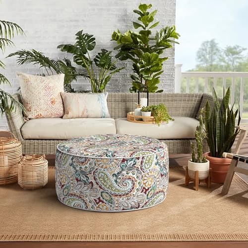 Indoor/Outdoor Inflatable Ottoman, Water Repellent Round Foot Rest Ottomans D31 x H14 inch, Portable Footstool for Patio Garden Camping or Home, Paisley Chilli - Image 7