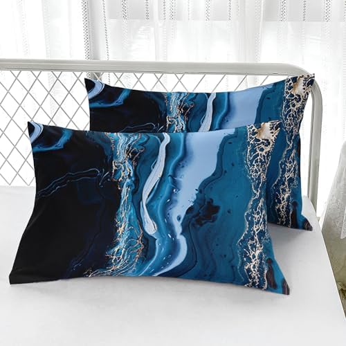 Nttopship Marble Comforter Set Twin Size Deep Blue Marble Bedding Set Soft Microfiber Minimalist Wind Comforter Sets 3 Pieces with 2 Pillowcases - Image 4