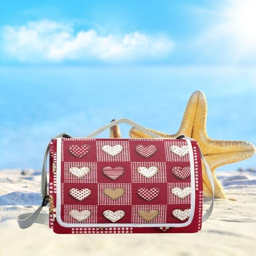 MNSRUU Picnic Blanket Waterproof Foldable, Red White Checkered Heart Large Outdoor Picnic Beach Camping Blanket Travel Mat, Shoulder Strap Tote, Rectangle 57x59in - Image 6