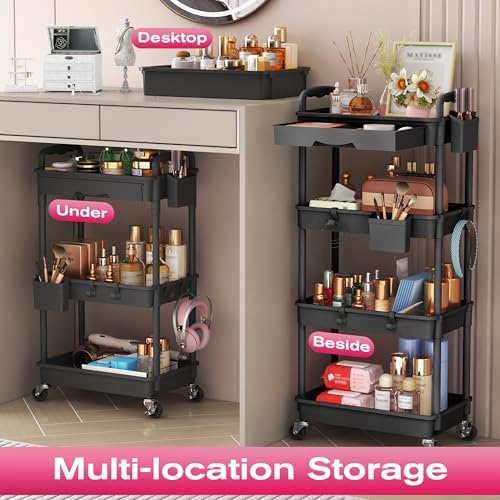 Goovilla Rolling Makeup Organizer Cart with Removable Drawer, 4 Tier Black - Image 6