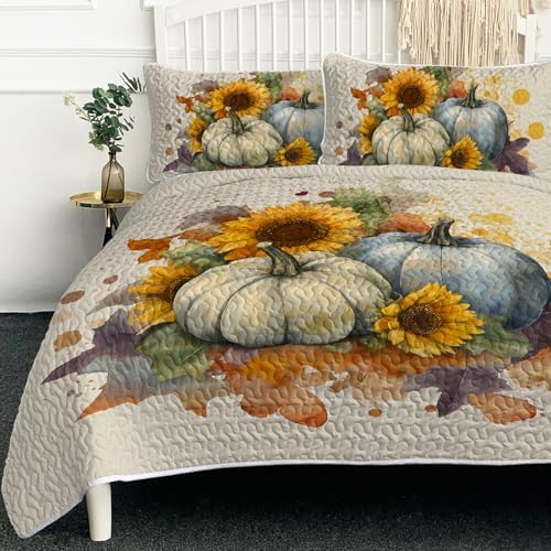 BlessLiving Queen Quilt Watercolor Pumpkin Sunflower Halloween Fall Bedding by BlessLiving