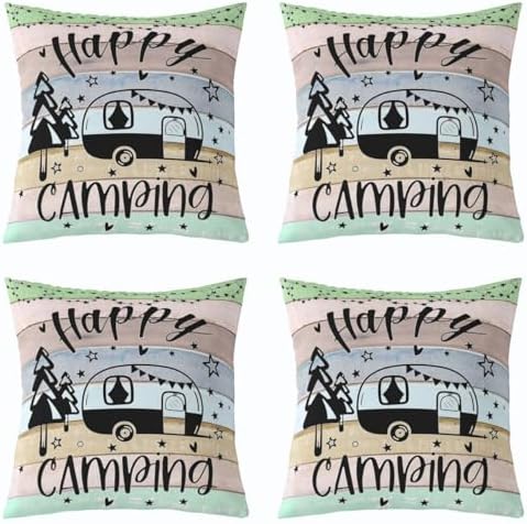 Feelyou Happy Camping Throw Pillow Covers 20"x20" Set of 4 Gifts for RV Owners Camper Decorative Pillow Case Rustic Farmhouse Style Cushion Case RV Decor Outdoor Pillows Covers for Travel Trailers - Image 6