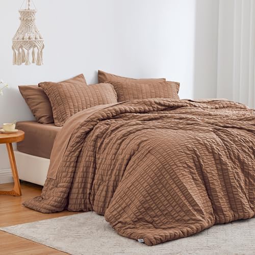 Seersucker Mocha Mousse King Size Comforter Set, 7-Piece Bed in a Bag by Lovescabin