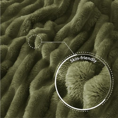Exclusivo Mezcla Striped California King Fleece Bed Blanket, Olive Green - Image 5