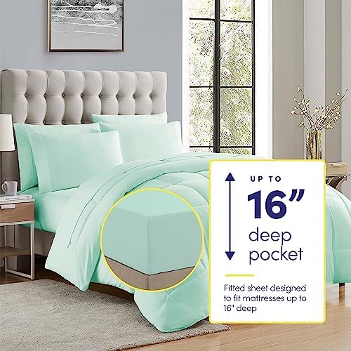 Sweet Home Collection 7 Piece Comforter Set Bag Solid Color All Season Soft Down Alternative Blanket & Luxurious Microfiber Bed Sheets, Mint, Twin - Image 2