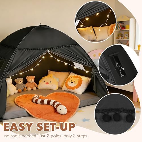 Bed Tent Twin Size for Girls & Boys - Indoor Privacy Toddler Sleeping Teepee with Blackout Design, Breathable Portable Bed Tent for Drafty Rooms, Cottage Floor Camping (Twin Black) - Image 3