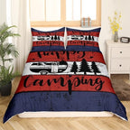 Happy Camping Duvet Cover Full Size 3 Pcs Retro Blue Red White Wooden Stripes Bedding Set for Kids Teens Adults Cartoon RV Trees Rustic Farmhouse Style Comforter Cover with 2 Pillowcases(No Comforter) - Image 3