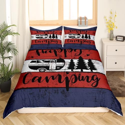 Happy Camping Duvet Cover Full Size 3 Pcs Retro Blue Red White Wooden Stripes Bedding Set for Kids Teens Adults Cartoon RV Trees Rustic Farmhouse Style Comforter Cover with 2 Pillowcases(No Comforter) - Image 3