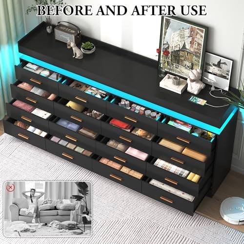 jiteentarou 16 Drawer Dresser with Charging Station and LED Lights, Modern Chest of Drawers with Power Outlet, Organizer Cabinet for Bedroom, Living Room, Entryway, Black - Image 5