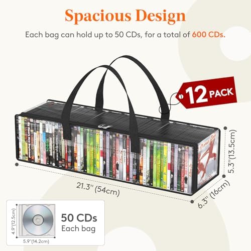Lifewit CD Storage Bags 12 Pack, Clear PVC Plastic CD Case Holder with Handles, Front Window Zipper Design, Stackable Media Organizer Box for Albums, Hold up to 600 Pcs CDs (50 Each) - Image 2