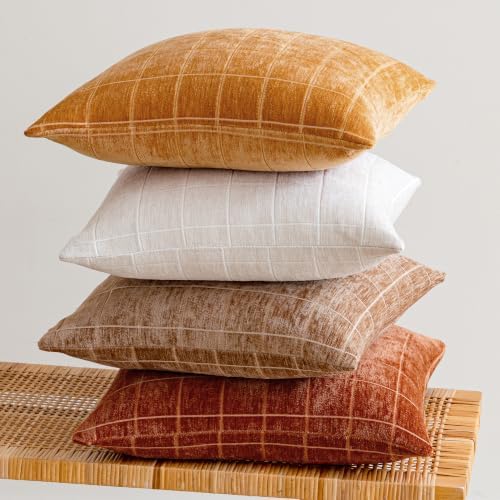 Decorative Chenille Plaid Fall Throw Pillow Covers Bronze 26x26 Set of 2 - Image 5