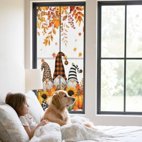 Window Privacy Film Frosted, Thanksgiving Fall Static Cling Door Window Covering, Gnomes Orange Green Pumpkin Leaves UV Blocking Windows Film for Office, Hotel, Bedroom, 29.5 x 78.7 Inches - Image 2
