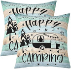 Feelyou Teal Happy Camping Throw Pillow Covers 16"x16" Set of 4 Kids Camper Decorative Pillow Case Pillowcase Gifts for RV Owners Rustic Farmhouse Style Cushion Case RV Camping Outdoor Pillows Covers - Image 2