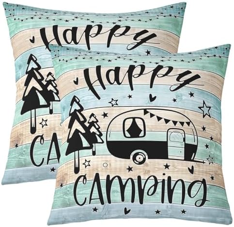 Feelyou Teal Happy Camping Throw Pillow Covers 16"x16" Set of 4 Kids Camper Decorative Pillow Case Pillowcase Gifts for RV Owners Rustic Farmhouse Style Cushion Case RV Camping Outdoor Pillows Covers - Image 2