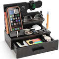 TESLYAR Wood Phone Docking Station with Drawer - Nightstand Organizer for Men, Bedside & Desk Organizer with Key & Watch Hooks - Birthday Gifts for Men, Dad, Husband (Fumed Black) by TESLYAR
