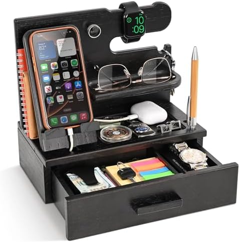 TESLYAR Wood Phone Docking Station with Drawer - Nightstand Organizer for Men, Bedside & Desk Organizer with Key & Watch Hooks - Birthday Gifts for Men, Dad, Husband (Fumed Black) by TESLYAR
