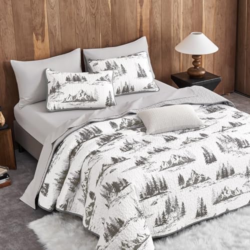 Wake In Cloud - Rustic Quilt Set, Cabin Forest Woodland Camping Theme with Lodge Mountain Print, Reversible Lightweight Bedspread Coverlet, 3 Pieces, Grey White, Queen/Full Size - Image 3