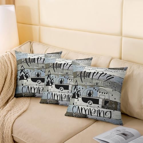 Feelyou Happy Camping Cushion Case Camper Throw Pillow Covers 16"x16" Set of 4 Gifts for RV Owners Rustic Farmhouse Style Decorative Pillow Case Pillowcase Vintage Wooden Outdoor Pillows Covers - Image 5