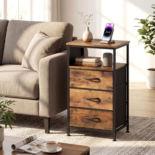 KOMFOTT 2 Nightstands with Charging Station, 27.5" Modern Bedside Table with 3 Fabric Drawers, Open Shelf & Side Pocket, End Table with 2 AC Outlets, USB and Type-C Port for Bedroom(Rustic Brown,2) - Image 4