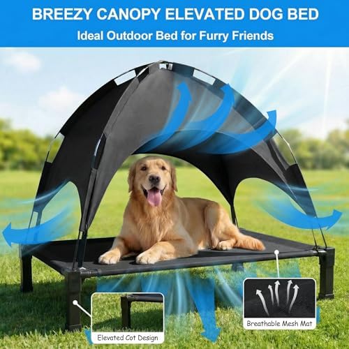 Elevated Dog Bed with Canopy Raised Pet Cot for Large Dogs, Outdoor Dog Cot with Removable Sun Shade Tent, Breathable Mesh Portable Dogs Cot for Camping, Beach, Backyard, Outdoor Use - Image 2