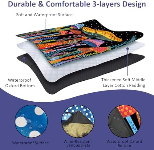 Mushroom Picnic Blankets Waterproof Foldable Picnic Outdoor Blanket 80"x 80" Picnic Mat 3-Layer Thicking Outdoor Foldable Blankets Sandproof Lightweight Beach Blankets with Strap Machine Washable - Image 3