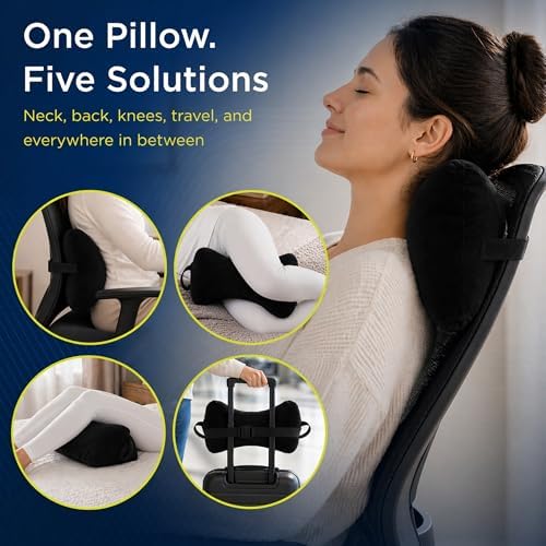 Next-GEN SleepLog Bone Shaped Chiropractic Neck Pillow – Adjustable Fill Cervical & Lumbar Support with 60" Positioning Strap – Latex Free – Full 15"x7" Black - Image 2