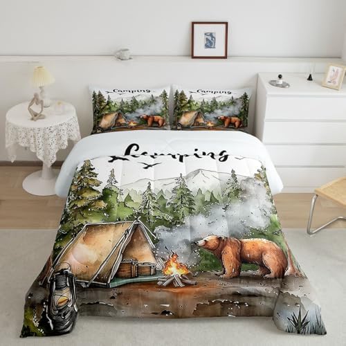 Erosebridal RV Camper Queen Bedding Set,Kids Camping Decor Comforter Set for Travel Trailers,Rustic Cabin Bear Quilt Set Forest Mountain Adventure Bed Comforter Sets,2 Pillowcases - Image 2
