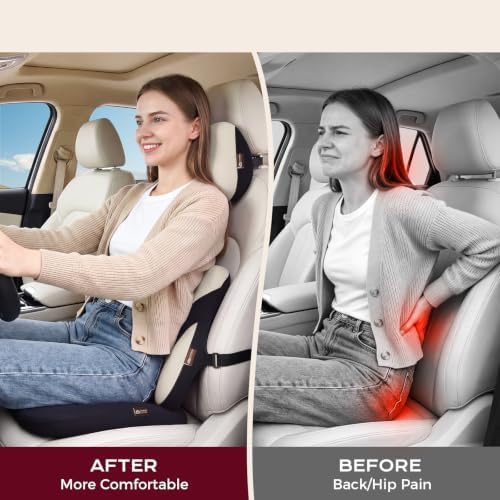 Coverado Car Seat Cushion and Lumbar Support Pillow with Headrest, Memory Foam Cooling Silk Ergonomic Cushion for Driving Back Neck Pain Relief Universal Fit Black&Gray - Image 6