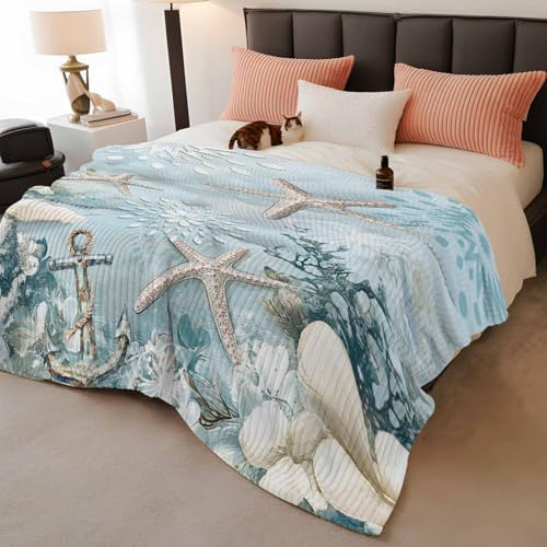 Blue Ocean Throw Blanket, Coastal Starfish Coral Fluffy Soft Blankets for Couch Bed Travel, Flowers Plush Microfiber Striped Flannel Blankets, Underwater Lightweight Sofa Blankets 50"x60" - Image 2