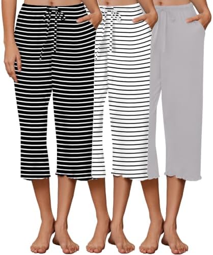 Ekouaer 3 Pack Women Capri Pajama Pants Lounge Pants Pj Bottom with Pockets by EKOUAER