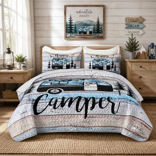 HOSIMA Travel Trailer Printed Happy Camper Twin Quilt with 2 Pillowcases. by HOSIMA