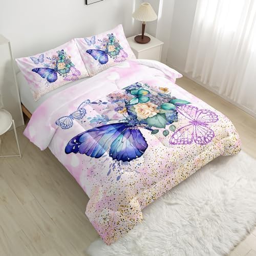 Nttopship Dream Purple Butterfly Comforter Set King Size for Adults 3Pcs,Flowers and Watercolor Butterflies Comforter for All Season Room Decor with 1 Comforter and 2 Pillow Case - Image 3