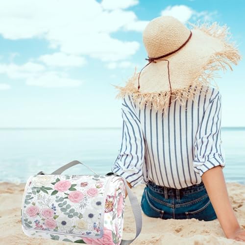 MNSRUU Picnic Blanket Waterproof Foldable, Colorful Flowers Peony Large Outdoor Picnic Beach Camping Blanket Travel Mat, Shoulder Strap Tote, Rectangle 57x59in - Image 5