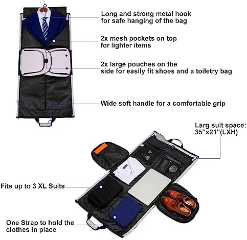Travel Garment Bag Suit Bags for Men with Shoulder Strap & Shoes Compartment, Water Resistant Carry On Garment Duffle Bag - 2 in 1 Hanging Suit Garment Bags for Travel, Grey - Image 3