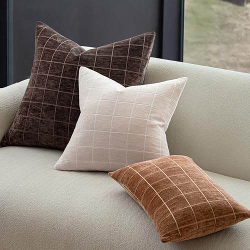 Decorative Chenille Plaid Boho Throw Pillow Covers Beige 22x22 Set of 2 - Image 4