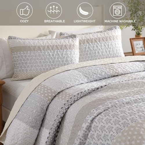 WONGS BEDDING Beige Quilt Set California King, Boho Stripe Bedding Set - Image 6