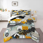 Feelyou Kids Equipment Trucks Comforter Set Construction Comforter Cover Set Boys Cartoon Car Excavator Tractor Bedding Set Construction Vehicles Yellow Grey Duvet Set Room Decor Quilt Set King Size - Image 4