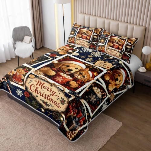 HOSIMA Vintage Christmas Bedding Set,Cute Cat Dog Print Bedspread Twin. - Image 2